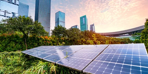 building within a city with solar panels on the roof with trees and bushes